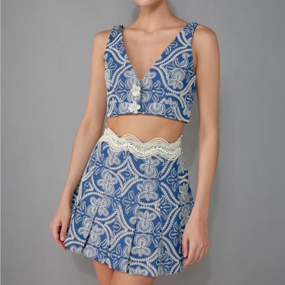 Waimari Evelyn top & lace trim denim mini skirt - Small
